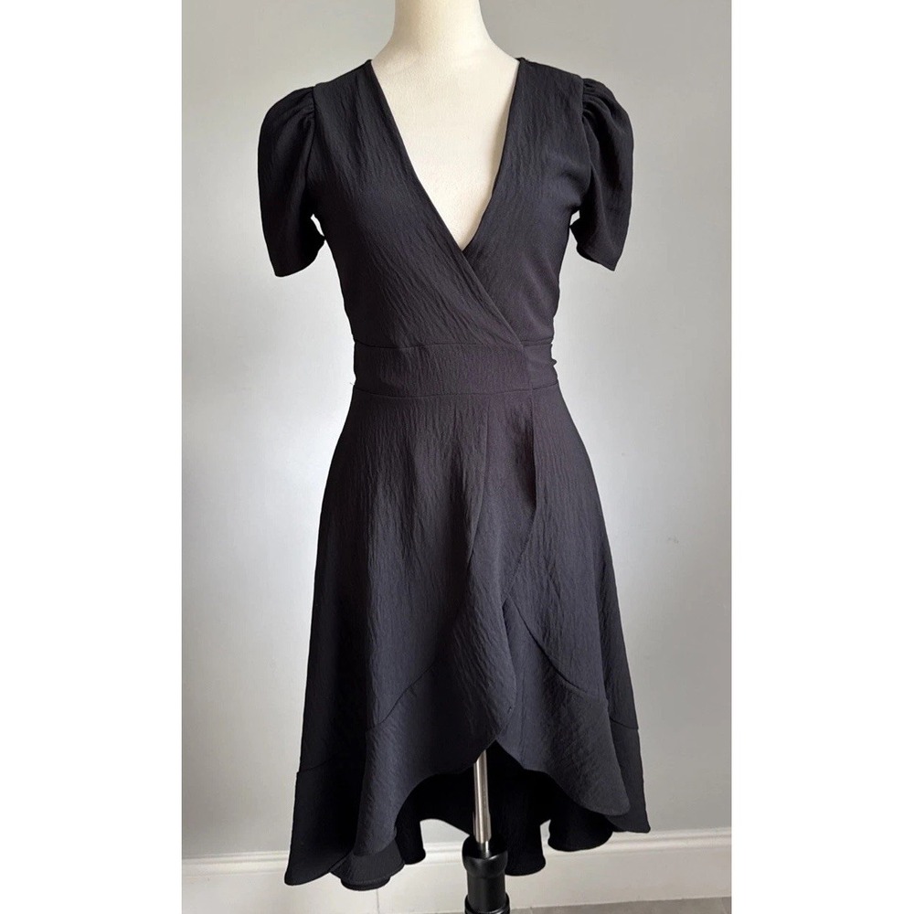 Black Puff Sleeve Wrap Dress Women's S‎ V Neck Tulip Hem Crepe Cocktail Party